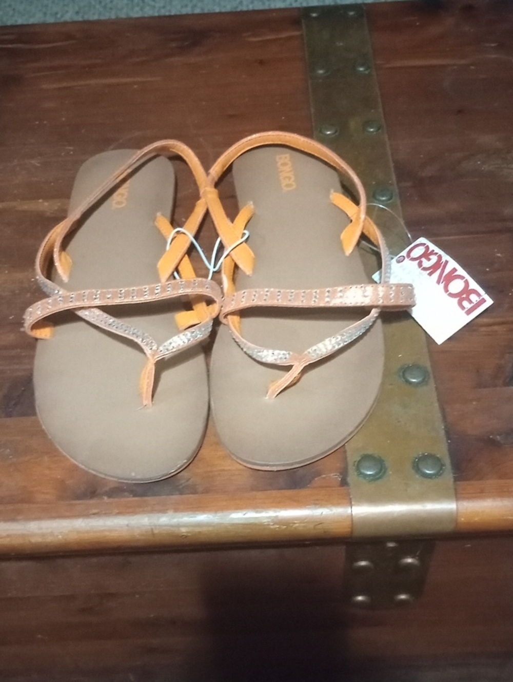 BONGO Women's Orange T-Strap Rhinestone Sandals